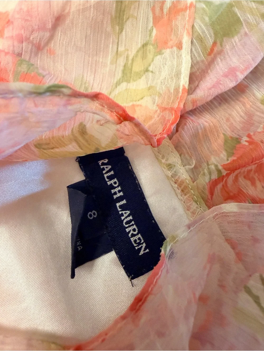 Ralph Lauren Ivory Floral Ruffle Chiffon Dress with Coral Accents